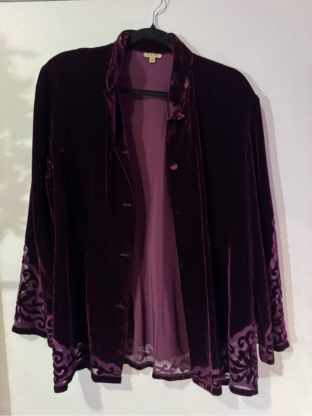 Velvet Embroidered Open Front Shirt/Cardigan - Deep Plum